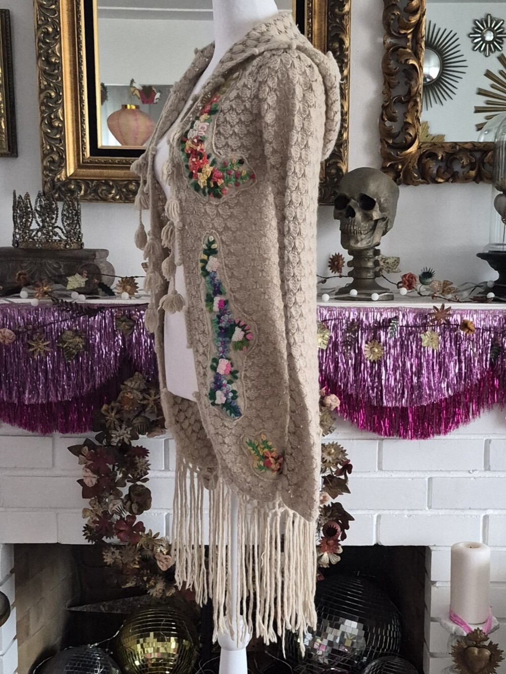 Free People Boho Crochet Fringe Cardigan Sweater - Beige with Floral Embroidery - Picture 2 of 5